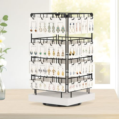 EsLuker.ly Rotating Earring Display Holder Stand for Vendors Events Selling, Large Capacity 64 Hooks Jewelry Rack with Wooden Base for Earring Card Sales, Enhances Retail Display Visibility - color: White+Black