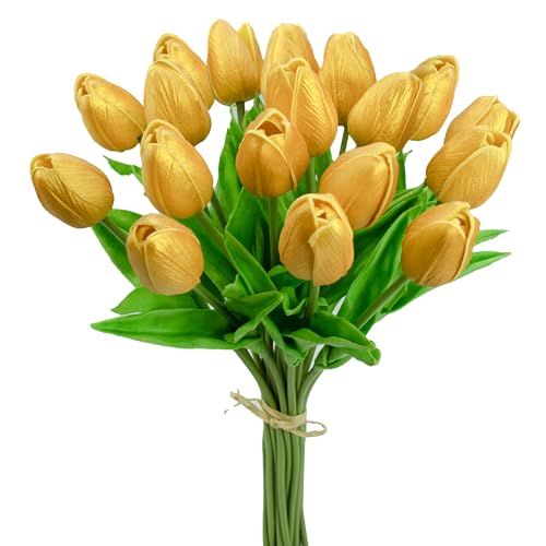 Mandy's Gold Artificial Tulips Flowers Centerpiece, 13.5" Lifelike PU Fake Floral Stems 20pcs for Kitchen Island & Dining Table, Spring Decor for Easter - color: Gold