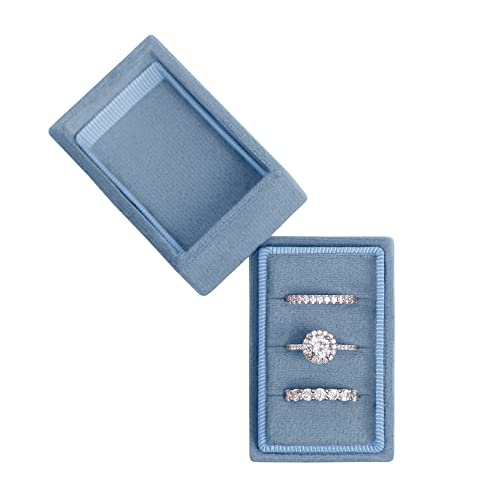 Rectangle 3 Slots Italian Velvet Jewelry Box Engagement Wedding Photo Ring Box Keepsake Box Triple Ring Gift Box (Ocean Blue) - color: Ocean Blue