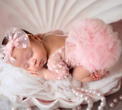 Newborn Photography Outfits Girl Baby Photography Props Lace Romper With headband Baby Photo Outfits Girls Photo Props - color: Pikn
