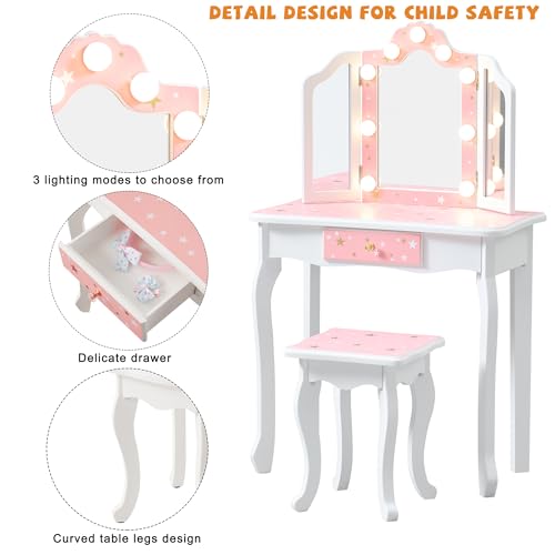Nromant Kids Vanity Set, Princess Toddler Makeup Vanity with Mirror and 3-Color LED Lighted, Wooden Kids Vanity Table and Chair Set with Drawer for Little Girls - color: Pink With Lighted