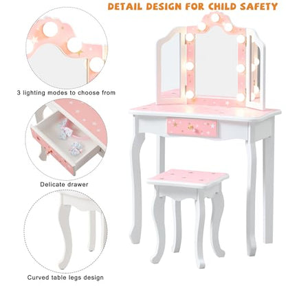 Nromant Kids Vanity Set, Princess Toddler Makeup Vanity with Mirror and 3-Color LED Lighted, Wooden Kids Vanity Table and Chair Set with Drawer for Little Girls - color: Pink With Lighted