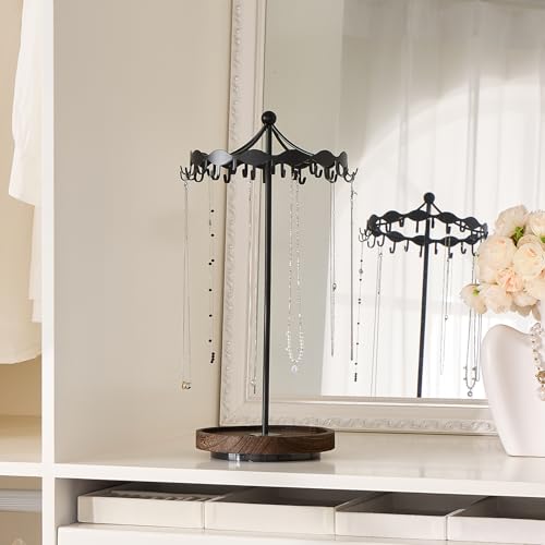 Lolalet Rotating Necklace Holder Stand with Metal Hooks, Spinning Display Carousels, Freestanding Organizer Hanger, for Long Necklaces Chains -Black - color: Black