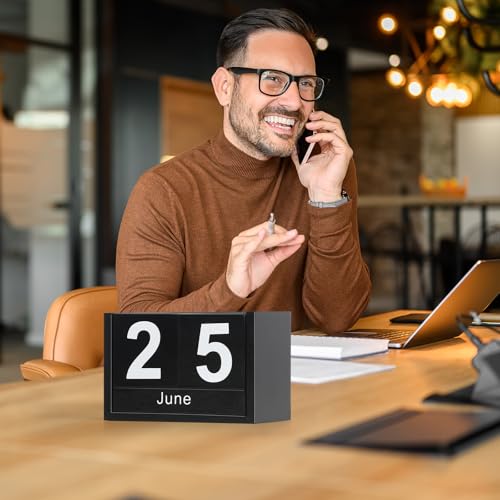 Wooden Block Calendar for Desk, Small Size Daily Desktop Perpetual Desk Calendar, Cute Date Display Desk Accessories for Home Office Decor, Teacher, Classroom, Reusable Yearly, Black - color: Black, size: Small Size