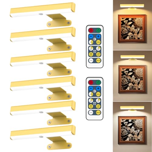 6Pack Wireless Picture Light with Remote,Battery Operated Wall Sconces for Wall Decor,3 Color Timer&Dimmable Paintings Light LED Art Display Lamp Picture Frame Light for Artwork Posters Gallery-Gold - size: 6Pack Gold