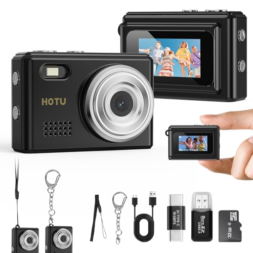 HOTU Mini Keychain Digital Camera, Y2K Pocket-Size Mini Camera, 2MP 1080P Small Camera with 32GB Card, Video Recorder with Long Battery Life for Travel, Party and Vlog (Black) - color: Black, style: Minimalist
