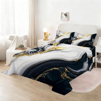 3D Marble Fitted Sheet Set Full Size for Kids Women Men Modern Marble Sheet Sets Soft Microfiber Bed Sheet Black Gold Grayish White Bedspread 1 Fitted Sheet+1 Flat Sheet+2 Pillowcases - color: 3d Marble, size: Full