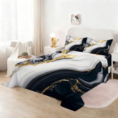 Black Gold Marble Sheets Sets Twin Size Elegant Marbling Fitted Sheet Set 3D Marble Bed Sheet for Kids Teens Adults Modern Bedspread 1 Fitted Sheet+1 Flat Sheet+1 Pillowcase - color: 3d Marble, size: Twin