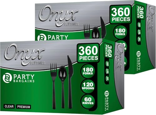 PARTY BARGAINS Onyx Settings Black Plastic Cutlery Set 720‑Piece – 360 Forks, 240 Spoons, 120 Knives – Heavy‑Duty Disposable Utensils for Parties, Weddings, Buffets, BBQs & Catering – BPA Free - color: Onyx, size: 720 Pieces