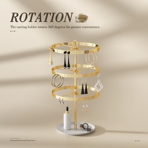 3 Tiers Earring Holder Organizer, Metal Rotating Earring Stand Adjustable Display Tree, 126 Holes Carousel Rack for Stud Hoop Pierced Dangling Women, Perfect View for All Earrings (Gold) - color: Gold