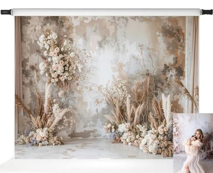 Kate Mother's Day Boho Flower Backdrop Abstract Art Background Grey Wall Reed Light Photo Background Studio Props,7x5ft - size: 7x5ft