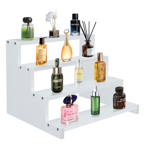 4 Tier White Wooden Display Stand Step Shelf Organizer for Perfume Skincare Desserts Cupcakes and Cosmetics Rustic Tiered Riser for Vanity Countertop Parties - color: White, size: 9inch