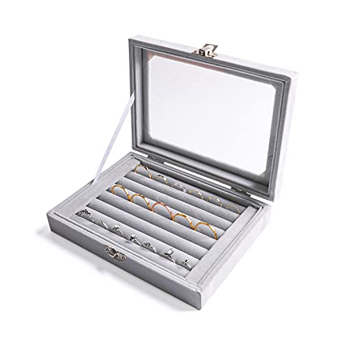 Frebeauty Rings/Earring Organizer Tray with Clear Lid,7 Slots Ring Box Velvet Ring Holder Drawer Insert Jewelry Storage Box Jewelry Display Case Jewelry Box Gift for Women and Girls(Grey,7 Slots) - color: Grey, size: 7 Slots
