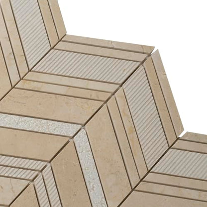 4 x 5 Beige Textured Chevron Crema Marfil Marble Mosaic Sample Tile Having 1 sqft Coverage - color: Beige, size: Sample Swatch (4 x 5 in)