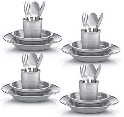Wealers Unique Complete Messware Kit Polished Stainless Steel Dishes Set| Tableware| Dinnerware| Camping| Buffet| Includes - Cups | Plates| Bowls| Cutlery| Comes in Mesh Bags (4 Person Set) - color: Orange