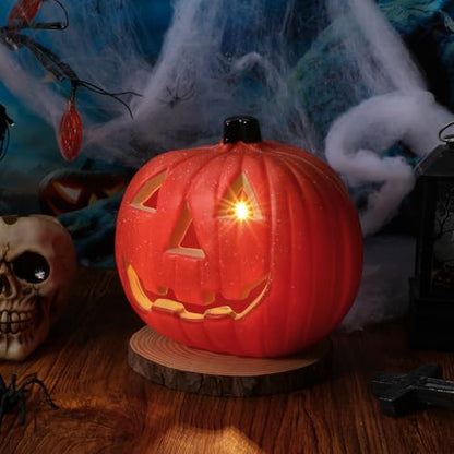 Housoutil Hollow Out Jack-o-Lantern Orange Decor Outdoor Plant LED Lanterns Halloween Pumpkin Table Light Artificial Glowing Pumpkins LED Halloween Pumpkin Light Plastic Orange Party Decor