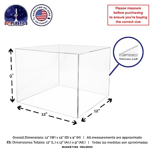 2 Pack Acrylic Display Riser Box with One Open Side Versatile 12" x 12" x 9" No LId Clear Dust Cover Retail Product Riser or Merchandise Storage Bin by Marketing Holders - size: 12"w x 9"h