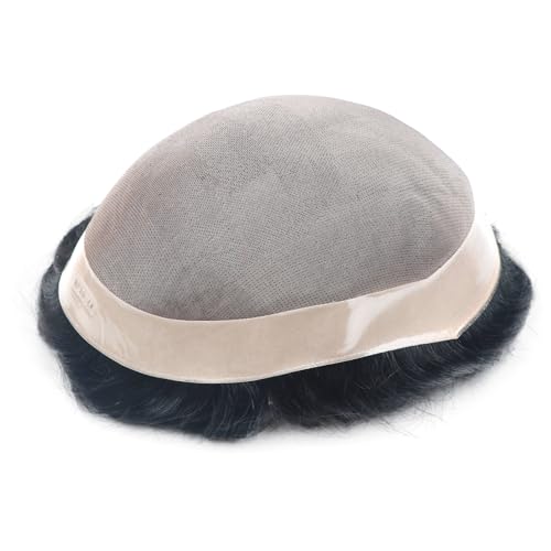 Mens Toupee Human Hair Hairpiece Male Unit Mono Lace Hair Replacement System for Balding Durable Hair Systems 8x10 Inch 1# Jet Black Natural Hairline Prosthesis Units Implant - color: 1# Jet black - Mono NPU, size: 8x10 Inch