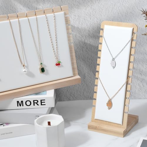 3 Pcs Necklace Display Stands for Selling, Bamboo Necklace Holder with PU Leather Panel Beige Multi-Tiered Jewelry Display Storage Set for Vendors and Home (11.8x7.9x3.3 Inch/10.6x3.9x3.7 Inch)