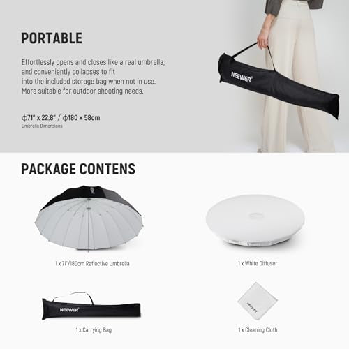 NEEWER 71"/180cm Parabolic Reflective Photography Umbrella Softbox with White Inner Diffuser Cover, Cleaning Cloth & Bag, Quick Fold for Camera Studio Tripod Video Light Monolight Flash Lighting, NS4U