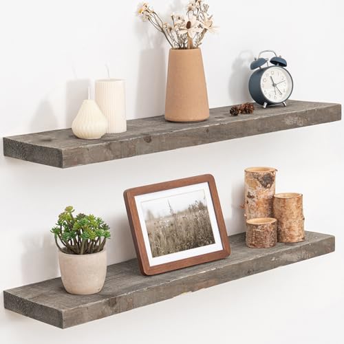 FLYJOE Floating Shelves, 8 Inch Deep Rustic Solid Reclaimed Wood Wall Shelves for Storage, Wall Mounted Display Shelving with Invisible Heavy-Duty Metal Bracket, 30 Inch Width Set of 2, Grey - color: Distressed Grey, size: 30inches-2p