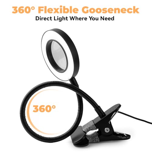 LALISU Clip on Lamp, 5X Magnifying Glass with Light LED Desk Lamp with Clamp Bright Clip Light for Bed Bedside Table, Adjustable Reading Light for Bed, Desk Lights (Black with Magnifying) - color: Black with magnifying