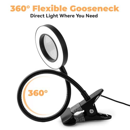 LALISU Clip on Lamp, 5X Magnifying Glass with Light LED Desk Lamp with Clamp Bright Clip Light for Bed Bedside Table, Adjustable Reading Light for Bed, Desk Lights (Black with Magnifying) - color: Black with magnifying
