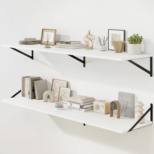 Fun Memories Floating Shelves for Wall, 12 Inch Deep Floating Shelves Set of 2, 55W x 12D Large Wall Shelf with Sturdy Metal Brackets for Living Room, Bathroom, Bedroom and Kitchen, White - color: A-white, size: 55"W x 12"D