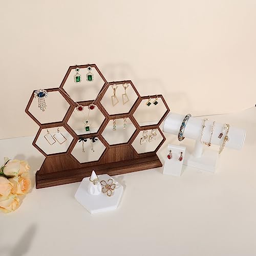 hexagonal jewelry earring display stands for selling, wooden necklace jewelry organizer hanging, walnut earring hanger dangle holder for show, home decor【Jewelry shelf-Hexagon】