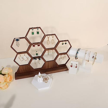 hexagonal jewelry earring display stands for selling, wooden necklace jewelry organizer hanging, walnut earring hanger dangle holder for show, home decor【Jewelry shelf-Hexagon】