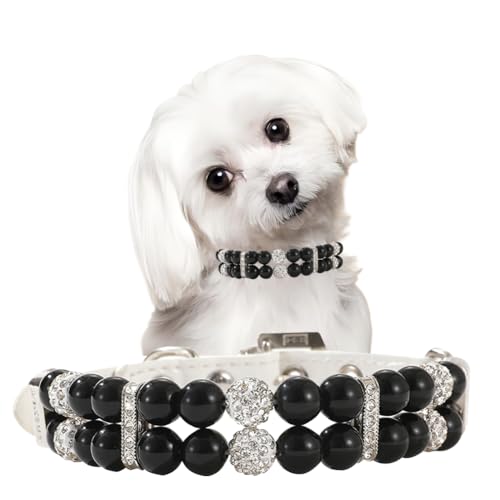 Black Pearl Dog Collar,Fancy Crystal Bling Dog Collars for Medium Dogs,Rhinestone Pearl Necklace for Dogs for XXS Xs Small Medium Female Dogs Cat Pet,M - color: Black, size: M Neck 11-13''(Tag L)