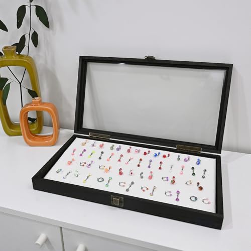 MOOCA Temper Glass Top Jewelry Display Case with Tempered Glass Lid and 54 Clip Body Jewelry Display Pad for Belly Button Rings, Tongue Rings, and Industrial Barbell Organizer, Black Tray-White Pad - color: White Pad with Black Wood Case