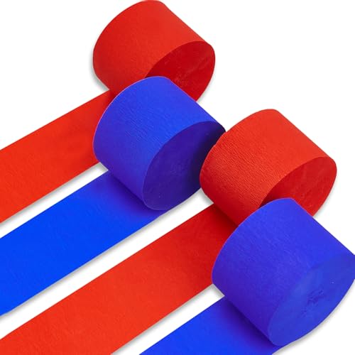 PartyWoo Red and Blue Crepe Paper Streamers 4pcs 328ft Pack of Red and Blue Crepe Paper Streamers for Birthday Engagement Baby Shower Bachelorette Graduation Wedding Independence Party Decorations - color: Blue Red-9617