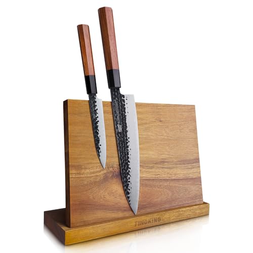 FINDKING Magnetic Knife Block, Teak Wood Utensils Holder, Strong Magnet Stand for Kitchen Counter (10.8 x 8 Inches, Without Knives) - color: Brown