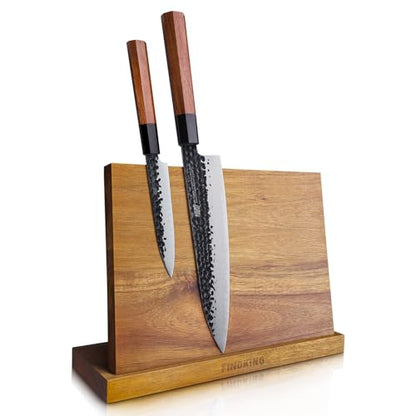 FINDKING Magnetic Knife Block, Teak Wood Utensils Holder, Strong Magnet Stand for Kitchen Counter (10.8 x 8 Inches, Without Knives) - color: Brown