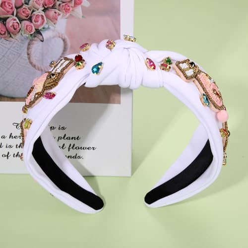 NVENF Easter Headbands for Women Beaded Easter Rabbit Bunny Headband White Pink Crystal Pearl Knotted Hairband Happy Accessories Spring Holiday Headwear Outfits Gifts (Bunny D - White) - color: Bunny D - White