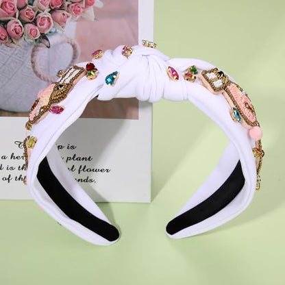 NVENF Easter Headbands for Women Beaded Easter Rabbit Bunny Headband White Pink Crystal Pearl Knotted Hairband Happy Accessories Spring Holiday Headwear Outfits Gifts (Bunny D - White) - color: Bunny D - White