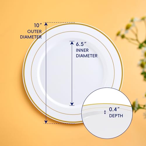 JOLLY CHEF 200 Pieces Gold Plastic Plates, 10 Inch Elegan Disposable Plates White Plate with Gold Rim,Plastic Plates for Christmas、Birthdays and Weddings - style: Gold-200