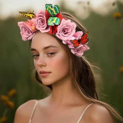 Elegant Butterfly Flower Headband for Women Boho Handmade Rose Floral Crown Wedding Bridal Festivals Cosplay Prom Photo Props Headpiece (A3 purple, Adjustable) - color: A3 purple