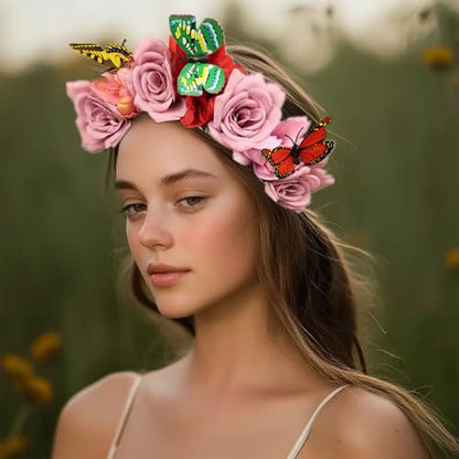 Elegant Butterfly Flower Headband for Women Boho Handmade Rose Floral Crown Wedding Bridal Festivals Cosplay Prom Photo Props Headpiece (A3 purple, Adjustable) - color: A3 purple