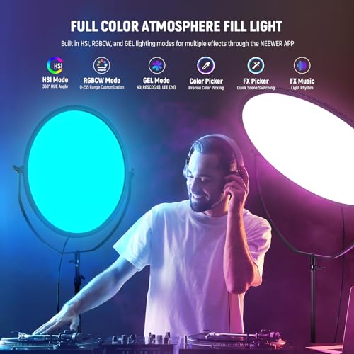 NEEWER 18" RGB LED Round Panel Video Light with APP Control, 65W 6000Lux/0.5m 2500K-8500K RGBCW Photography Studio Lighting /18 Scenes/V Battery Powered for Outdoor Filming Recording Streaming, GR18C - style: RGB