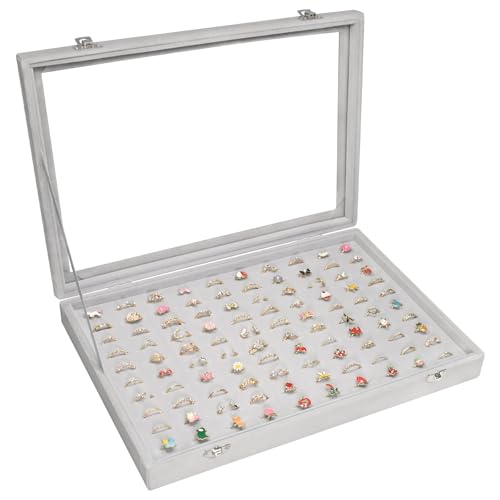 Vicoter Rings Organizer Tray 100 Slot Velvet Ring Earring Storage Box TranSparent Cover Jewelry Store Ring Display Box Jewelry Display Cabinet for Girl Wife Mother - color: Grey
