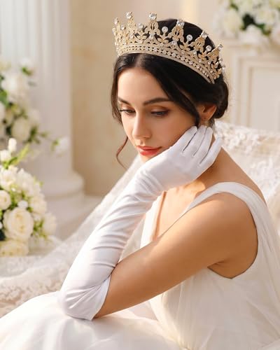 Princess Tiara Crown with Satin Gloves Set Crystal Headpiece for Graduation Prom and Party Photo Props - color: Gold, style: C