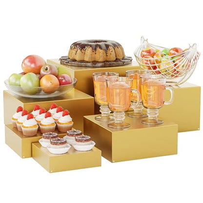 Metal Buffet Risers,6PCS Food Risers for Buffet Table 5in to 10in Display Stand for Catering Dessert Gold(Mustard Yellow) Cube Boxes Nesting Risers with Hollow Bottoms - color: Gold-6P