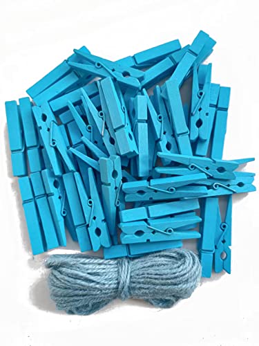 1.9" Wooden Clothespins Hanging Clothes Pins Clip Photo Holder DIY Gift Festive Party Decor with Bright Blue Jute Twine Pack 50 - color: 50pcs (2 Inch) Light Blue + Jute Twine
