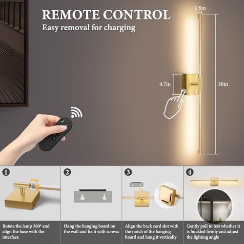 SAIMAND Wall Sconces Set of Two Battery Operated, Wireless USB Rechargeable Wall Lights with Remote, 8000mAh Dimmable LED 3 Color Dimmable Living Room for Bedroom,Hallway,Picture Lamp(30in Gold) - color: Gold