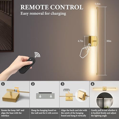 SAIMAND Wall Sconces Set of Two Battery Operated, Wireless USB Rechargeable Wall Lights with Remote, 8000mAh Dimmable LED 3 Color Dimmable Living Room for Bedroom,Hallway,Picture Lamp(30in Gold) - color: Gold