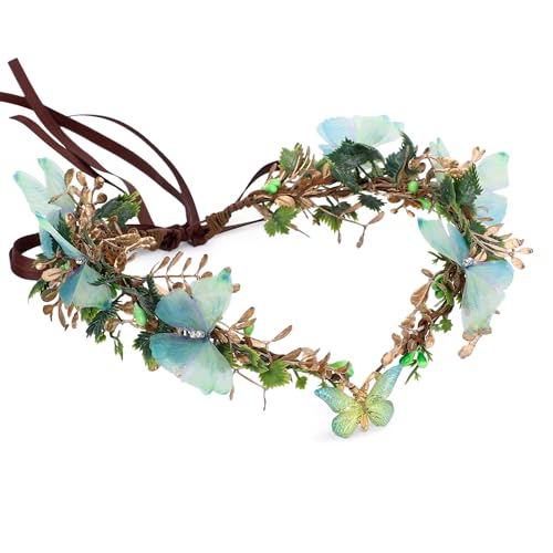 MOSTORY Handmade Fairy Butterfly Crown - Elf Flower Hadpiece Elven Headband for Women s Spring Wedding Maternity Shoot - color: Green-gold