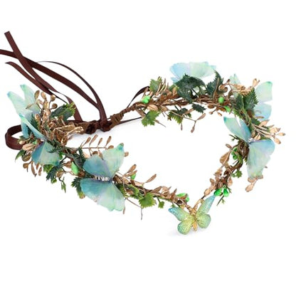 MOSTORY Handmade Fairy Butterfly Crown - Elf Flower Hadpiece Elven Headband for Women s Spring Wedding Maternity Shoot - color: Green-gold