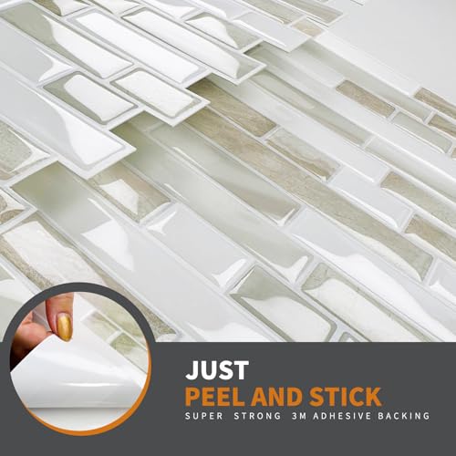 Yipscazo 10 Sheets Peel and Stick Backsplash for Kitchen,12''x12'' Waterproof Stick on Backsplash Smart Tiles for Bathroom,Removable Self Adhesive Wall Tiles (Marble Beige&White) - color: Marble Beige&white